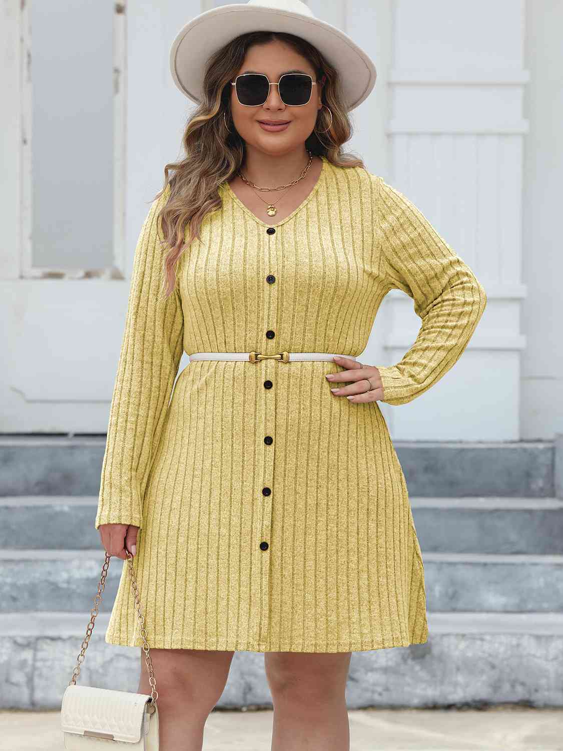 Plus Size Ribbed Buttoned V-Neck Long Sleeve Dress - AllIn Computer