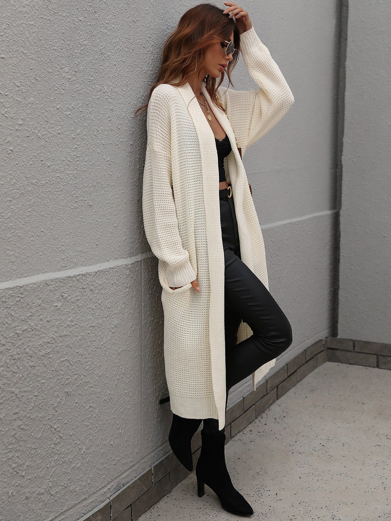 Double Take Waffle Knit Open Front Duster Cardigan With Pockets - AllIn Computer