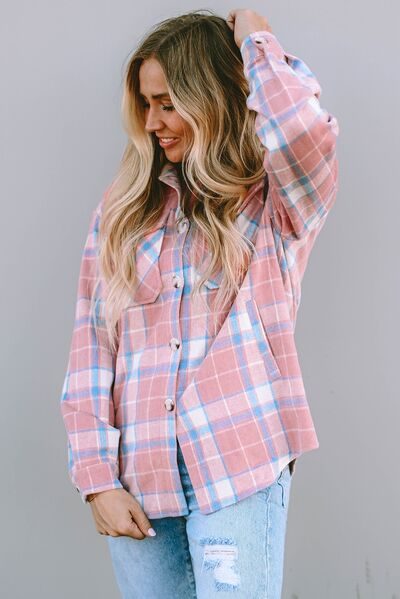 Plaid Pocketed Collared Neck Button Up Jacket - AllIn Computer