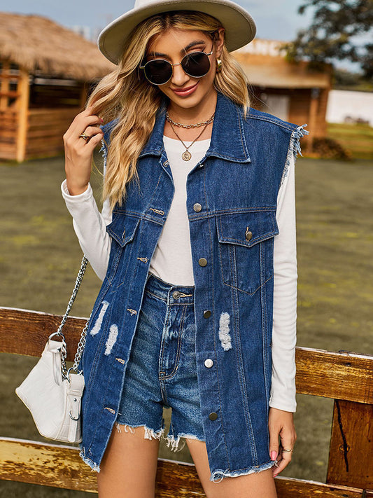 Distressed Sleeveless Denim Jacket - AllIn Computer