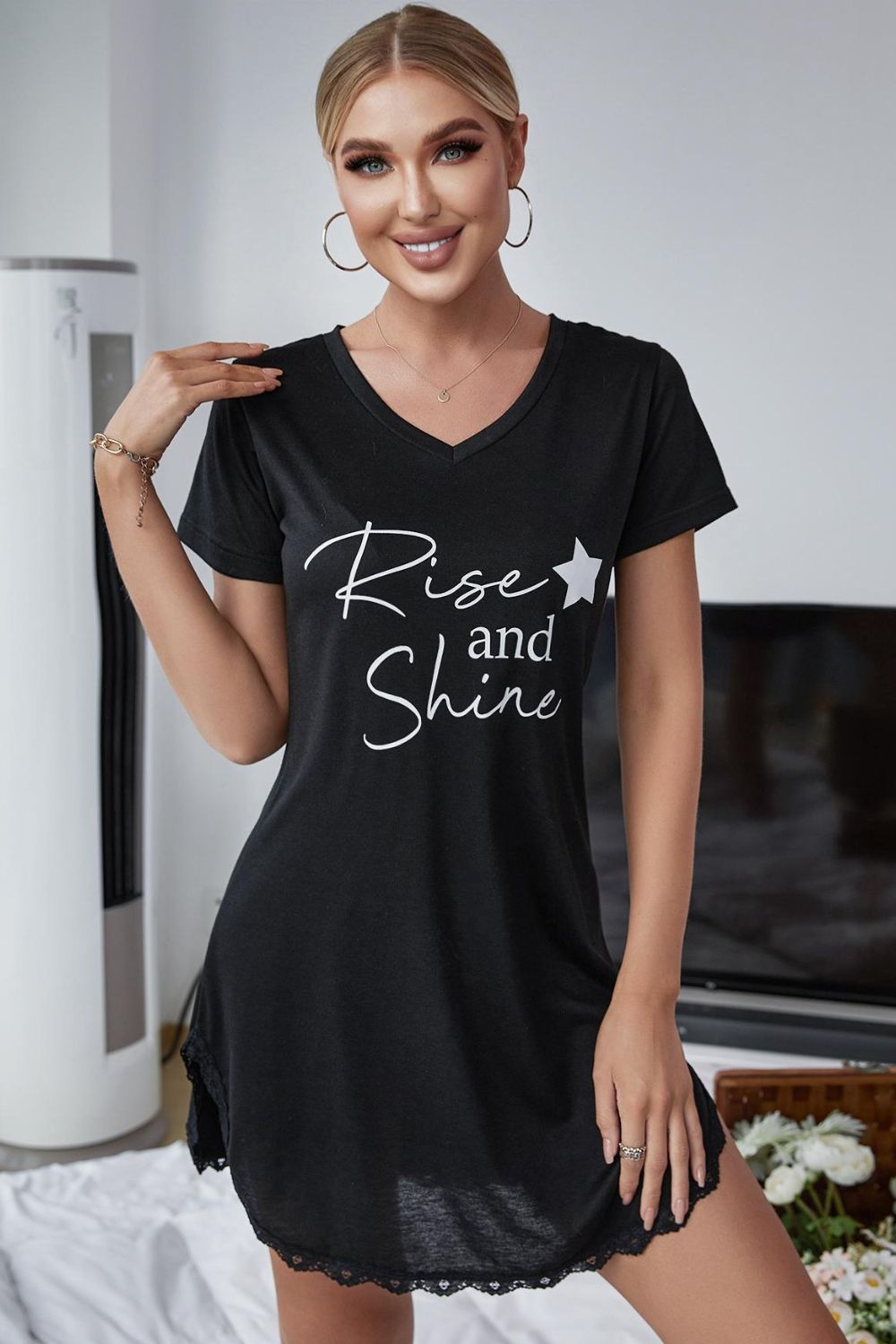 RISE AND SHINE Contrast Lace V-Neck T-Shirt Dress - AllIn Computer