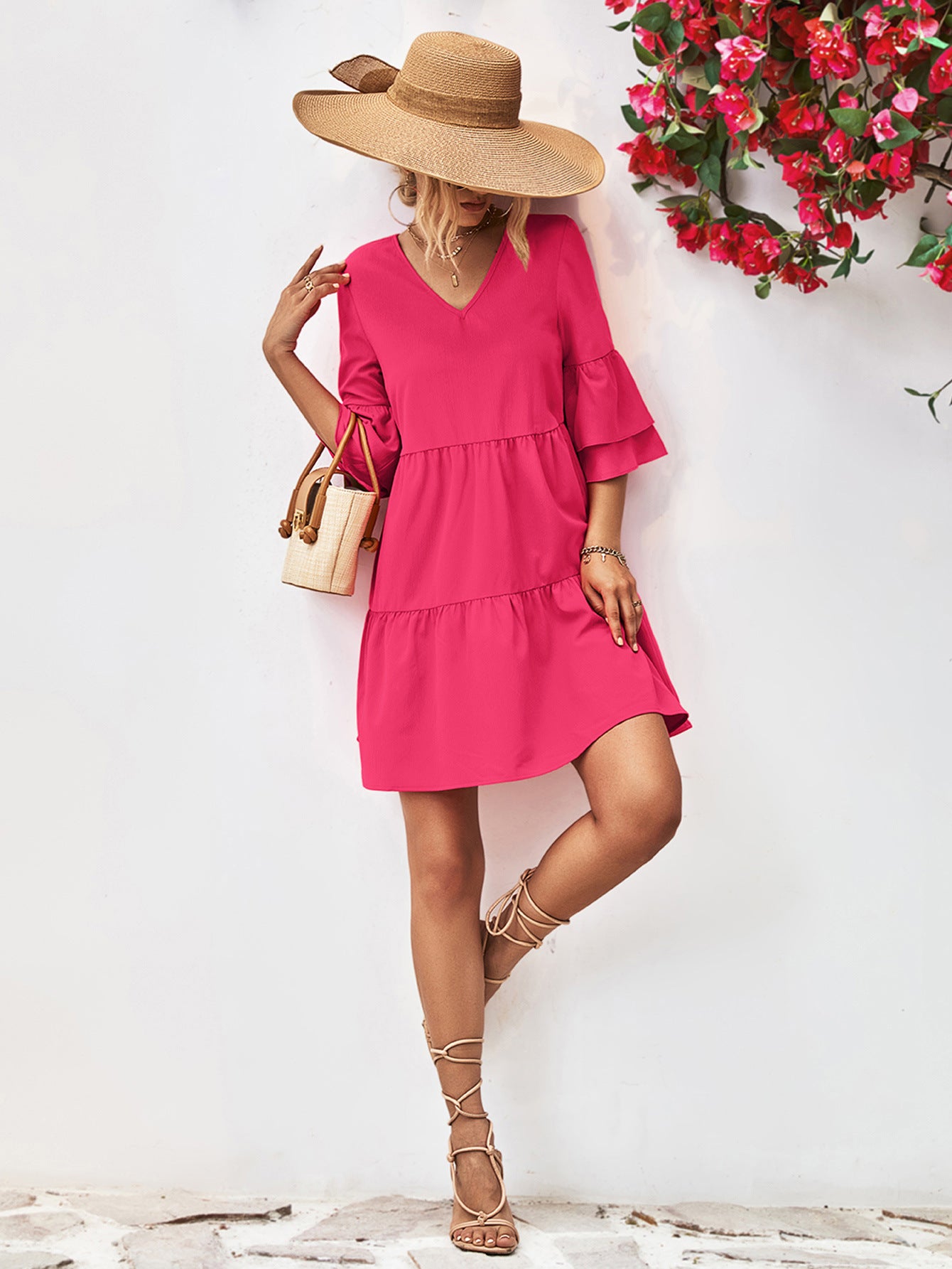 V-Neck Flare Sleeve Mini Dress - AllIn Computer