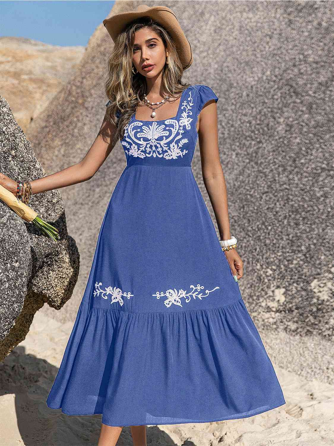 Embroidered Square Neck Ruffle Hem Dress - AllIn Computer