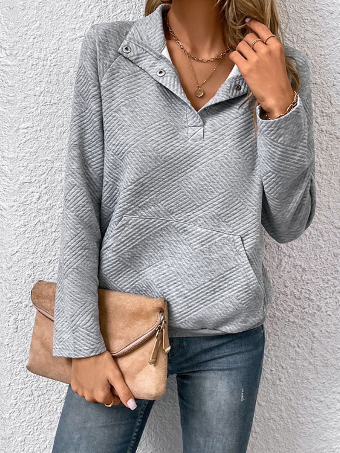 Raglan Sleeve Collared Neck Sweatshirt with Pocket - AllIn Computer
