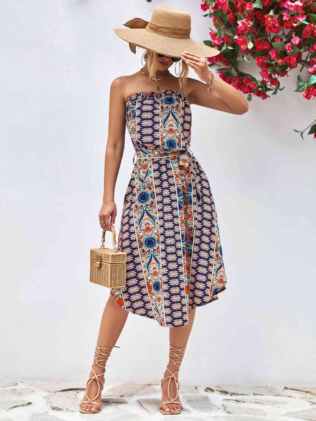 Printed Strapless Tie Belt Dress - AllIn Computer