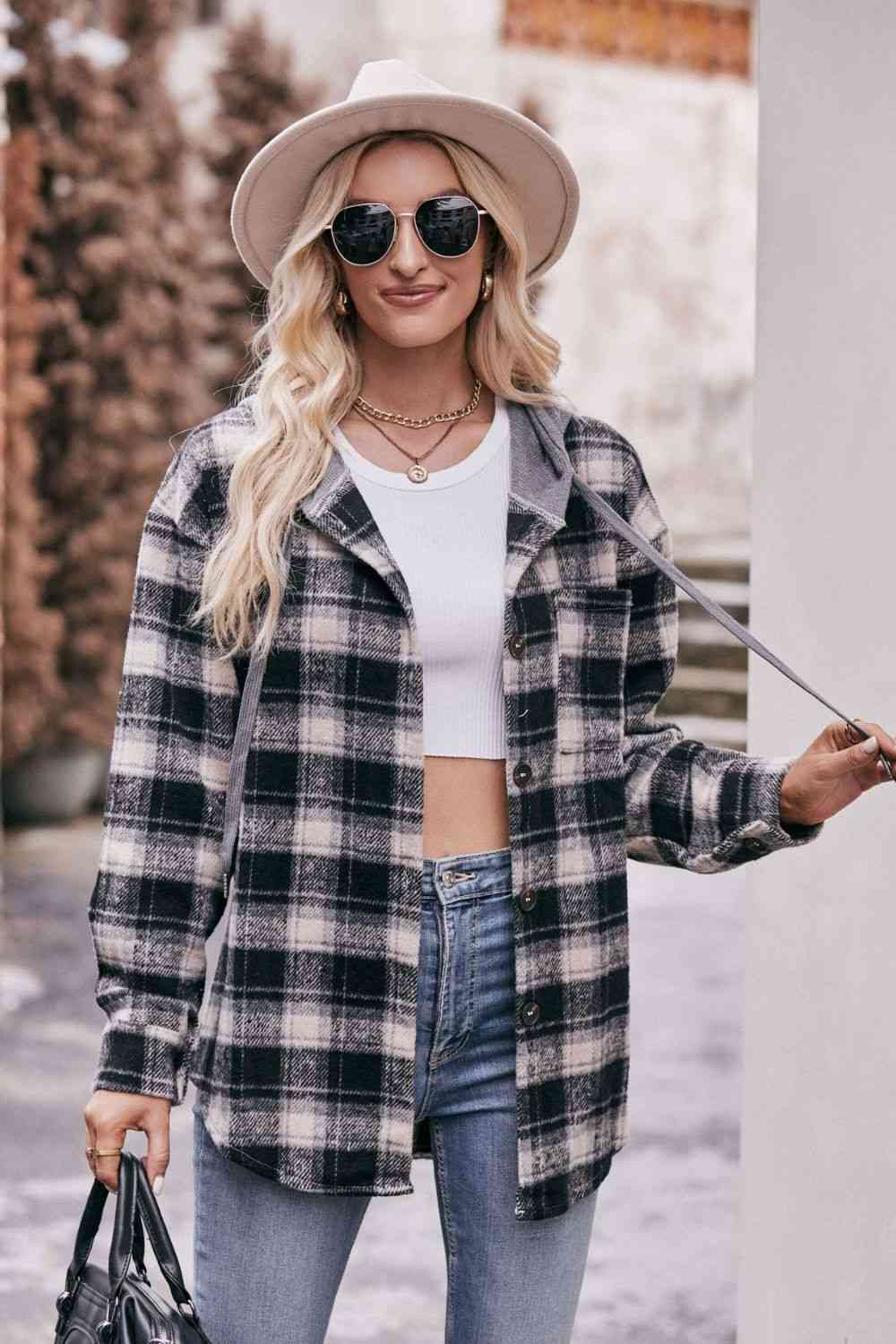 Plaid Dropped Shoulder Hooded Longline Jacket - AllIn Computer