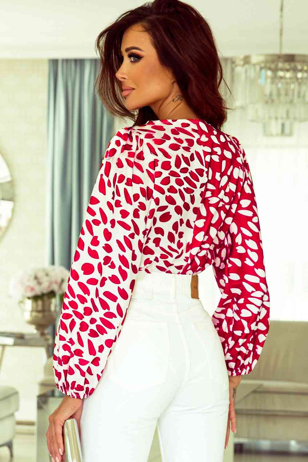 Printed Surplice Neck Long Sleeve Bodysuit - AllIn Computer