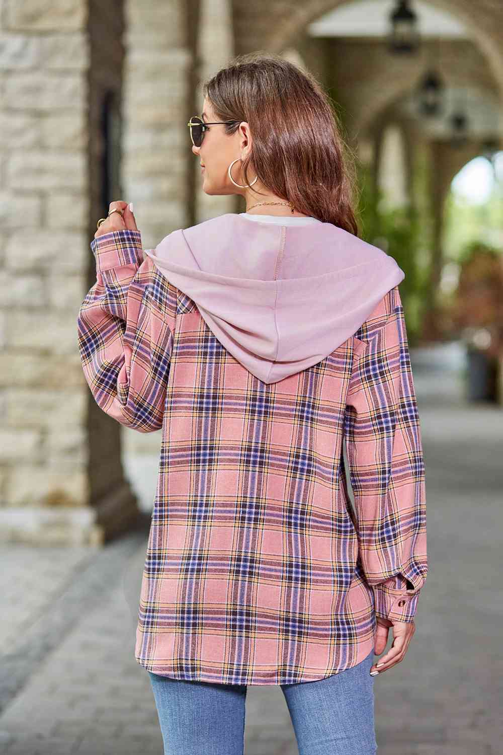 Plaid Long Sleeve Hooded Jacket - AllIn Computer
