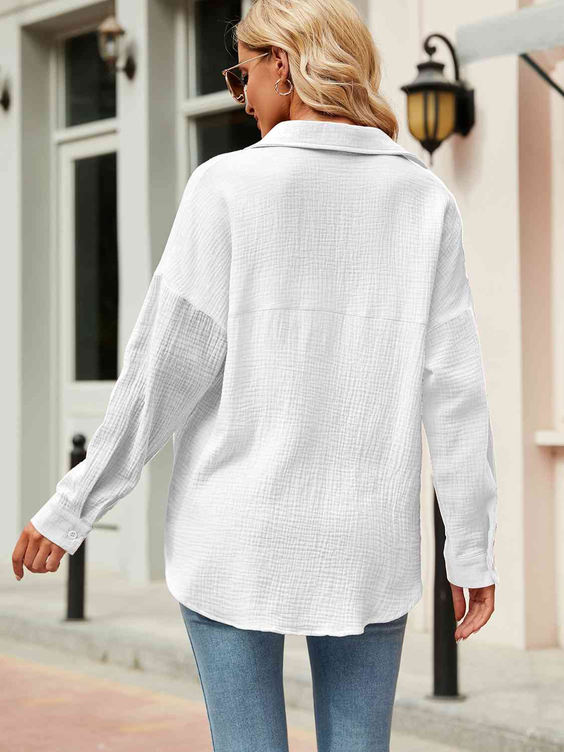 Button Up Collared Neck Drop Shoulder Shirt - AllIn Computer