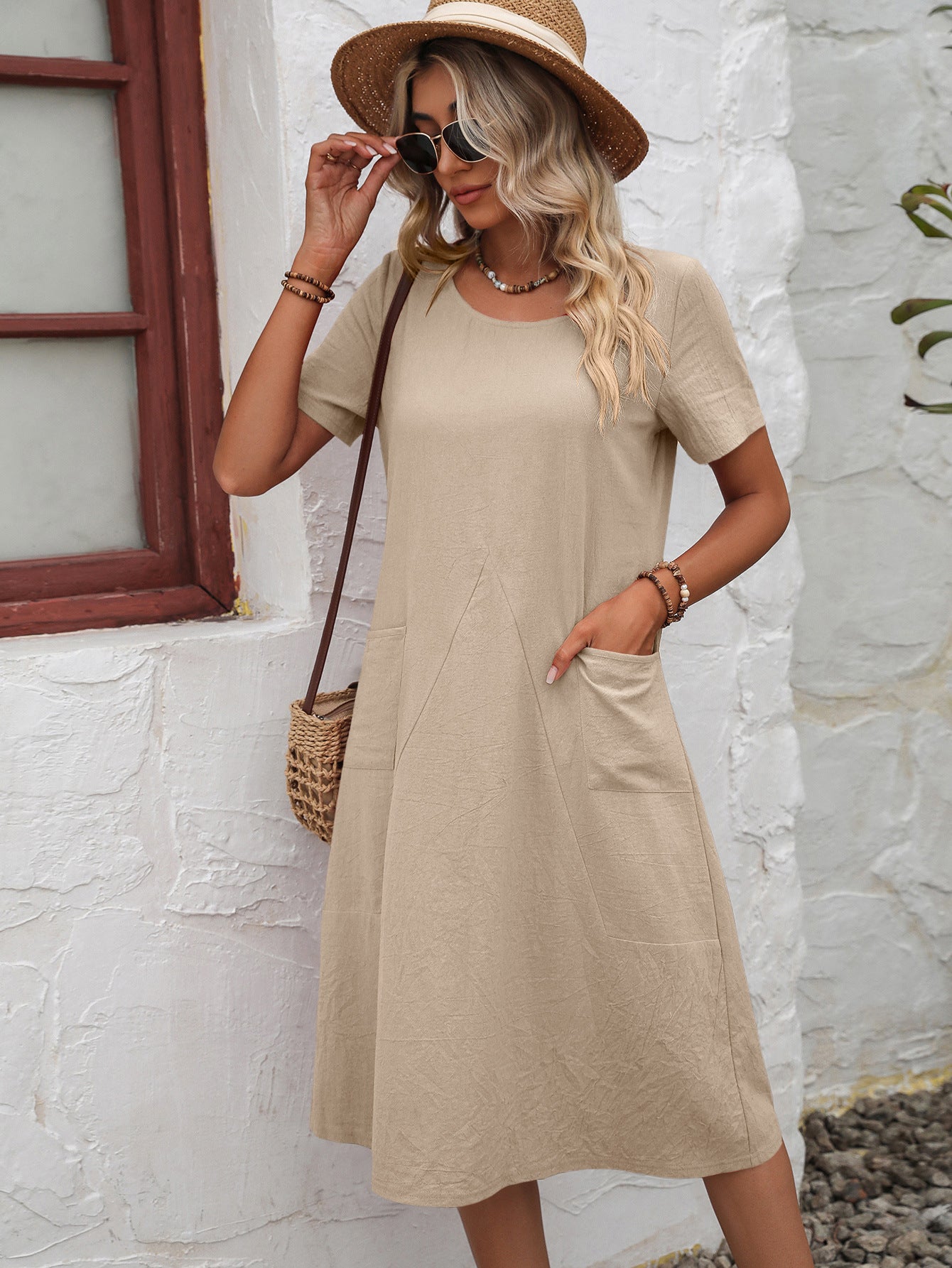 Round Neck Short Sleeve Dress with Pockets - AllIn Computer