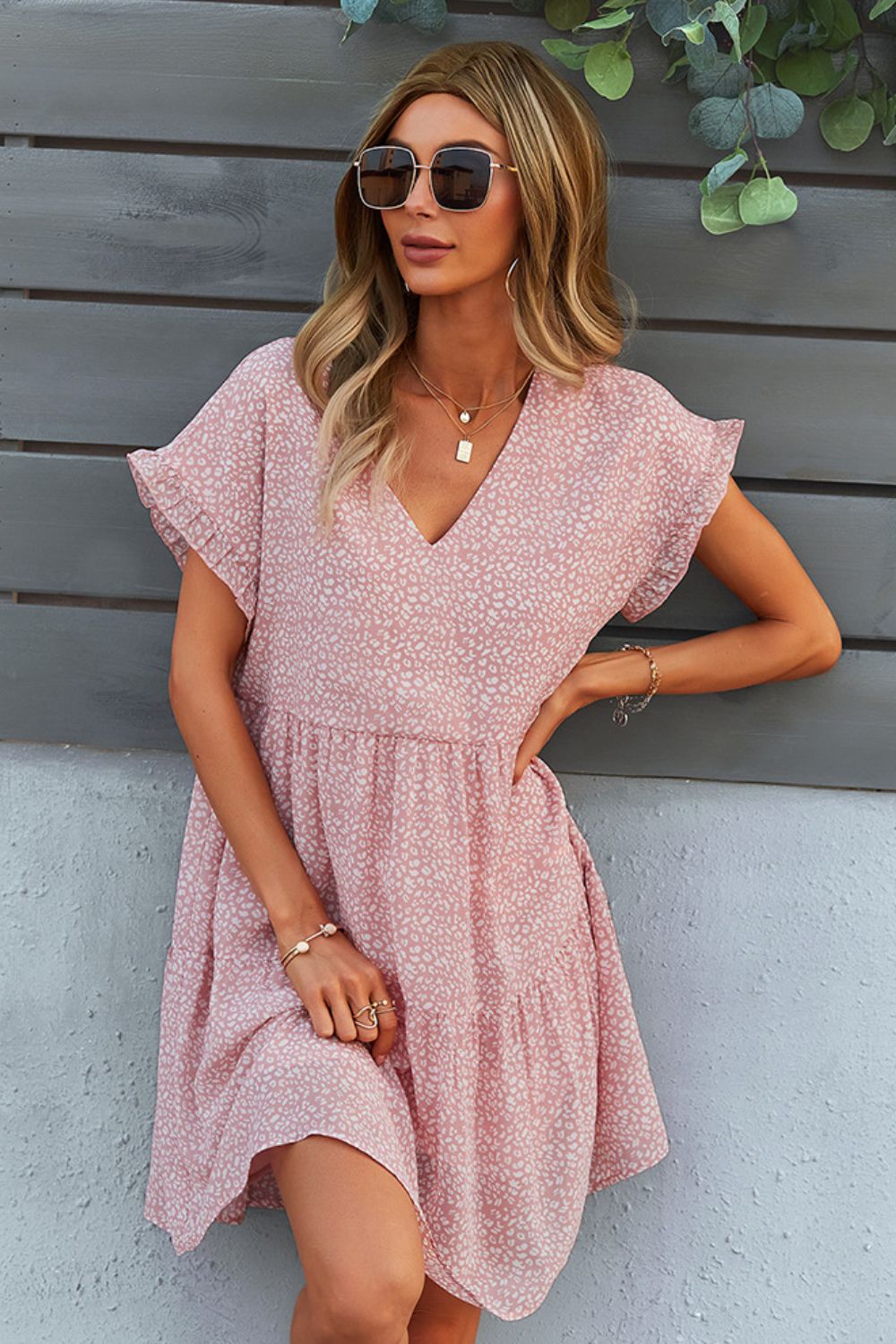 Printed V-Neck Short Sleeve Tiered Dress - AllIn Computer