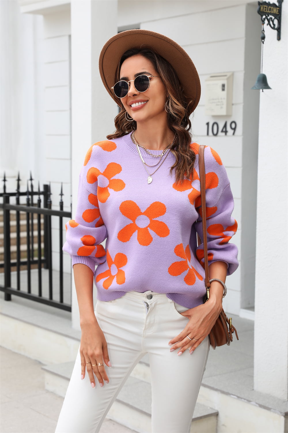 Floral Print Round Neck Dropped Shoulder Pullover Sweater - AllIn Computer