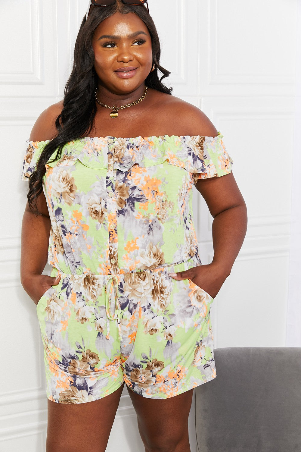 Sew In Love Full Size Pure Delight Floral Off-Shoulder Romper - AllIn Computer