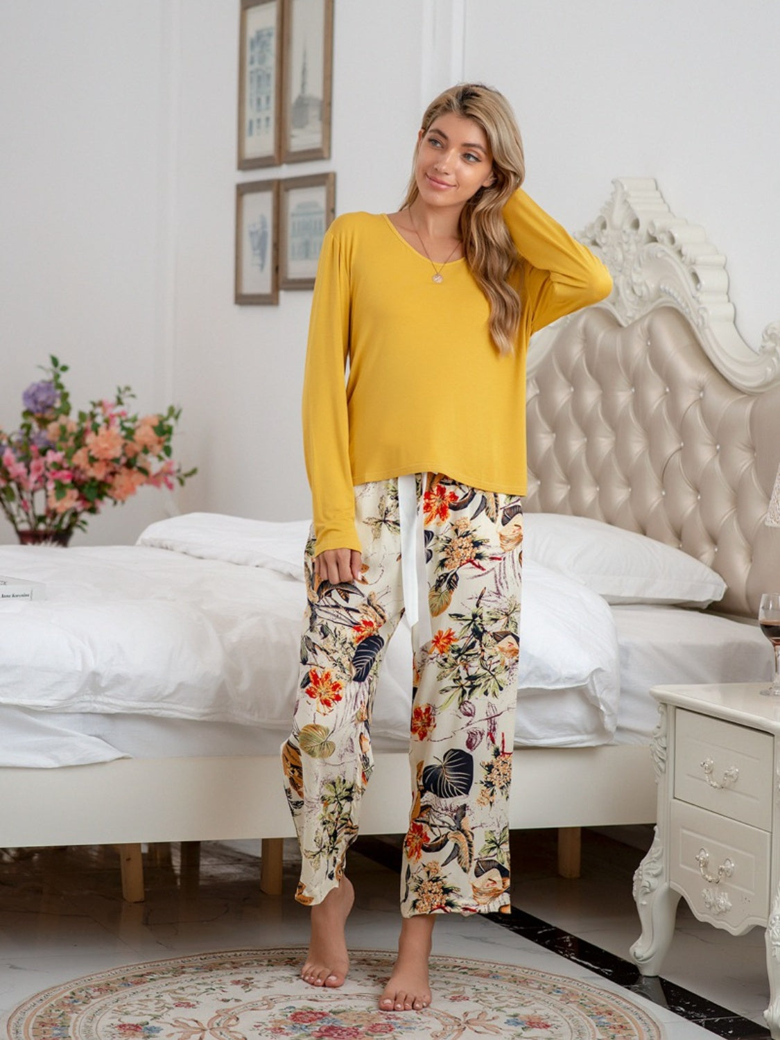 Round Neck Top and Printed Pants Lounge Set - AllIn Computer