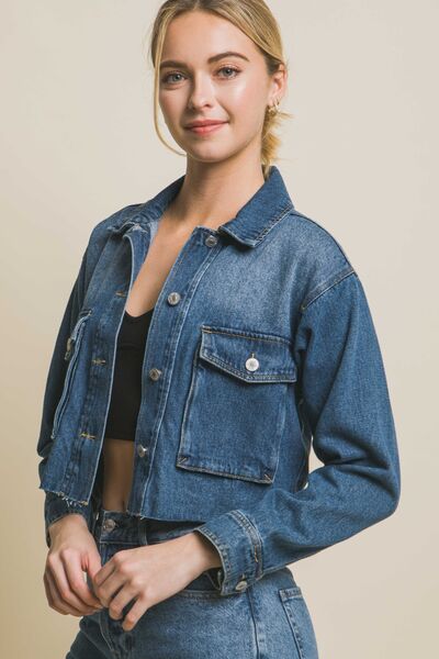 LOVE TREE Raw Hem Button Up Cropped Denim Jacket - AllIn Computer