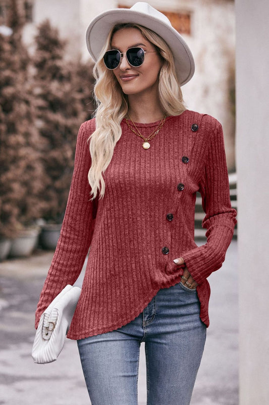 Double Take Ribbed Round Neck Buttoned Long Sleeve Tee - AllIn Computer