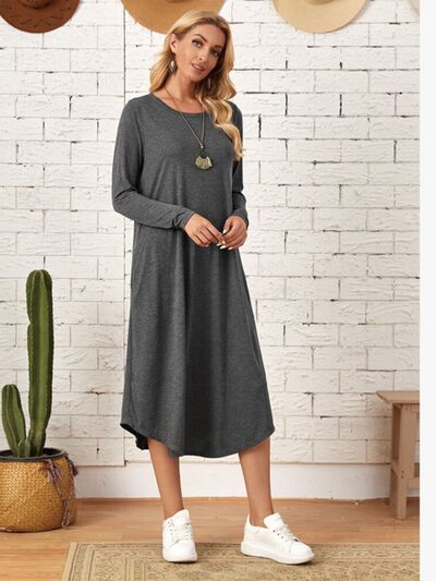 Pocketed Round Neck Long Sleeve Tee Dress - AllIn Computer