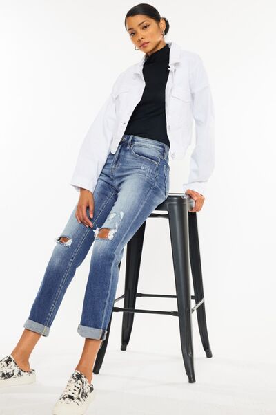 Kancan High Waist Distressed Hem Detail Cropped Straight Jeans - AllIn Computer