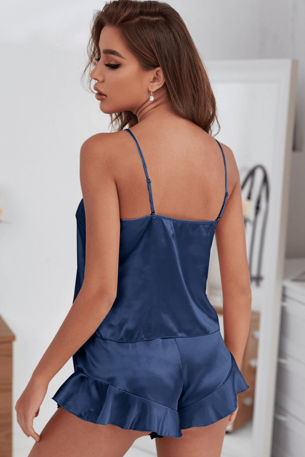 Satin Cami, Ruffle Hem Shorts Pajama Set - AllIn Computer
