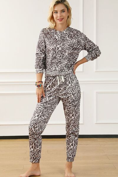 Leopard Round Neck Top and Drawstring Pants Lounge Set - AllIn Computer