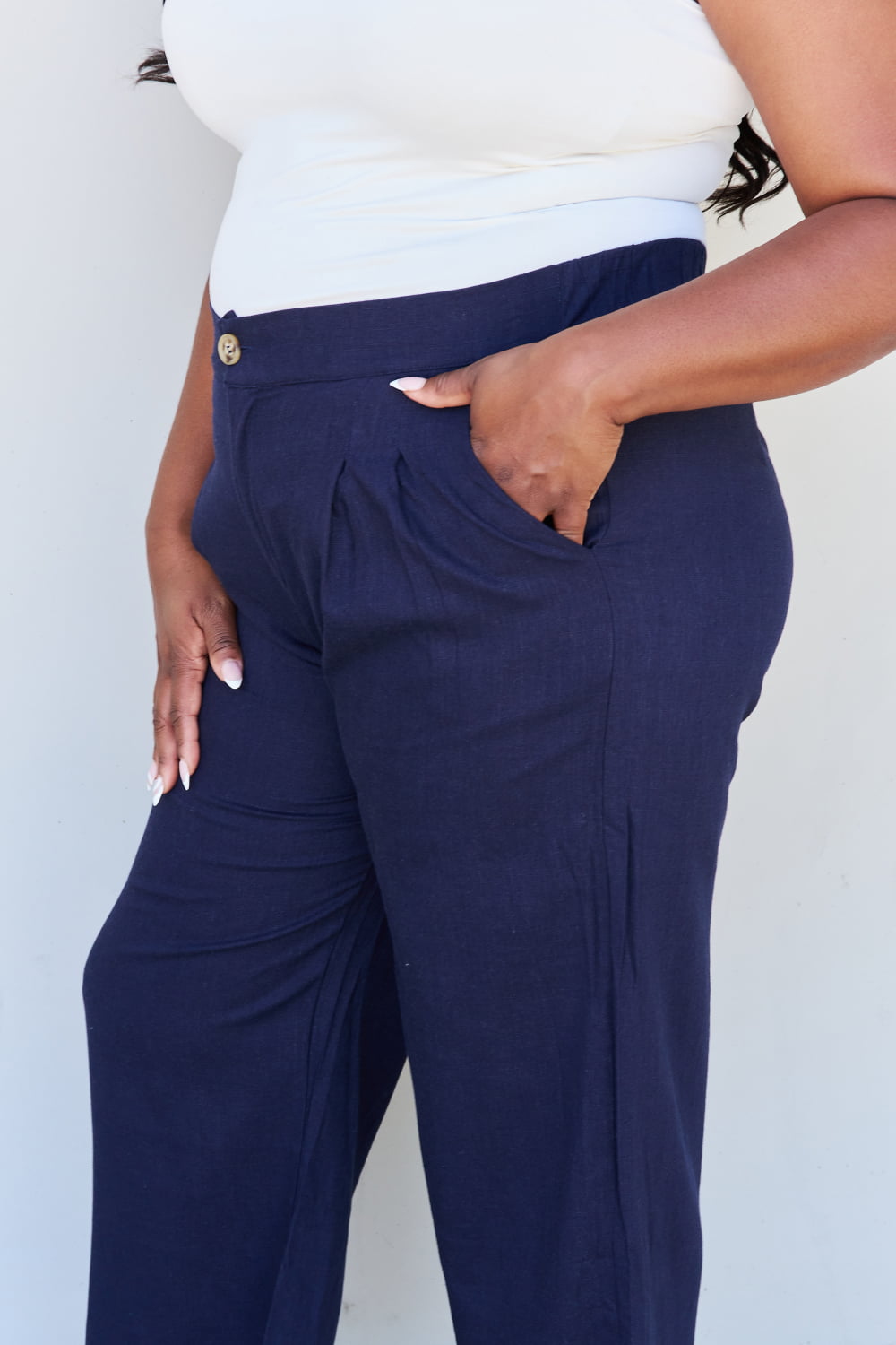 And The Why In The Mix Full Size Pleated Detail Linen Pants in Dark Navy - AllIn Computer