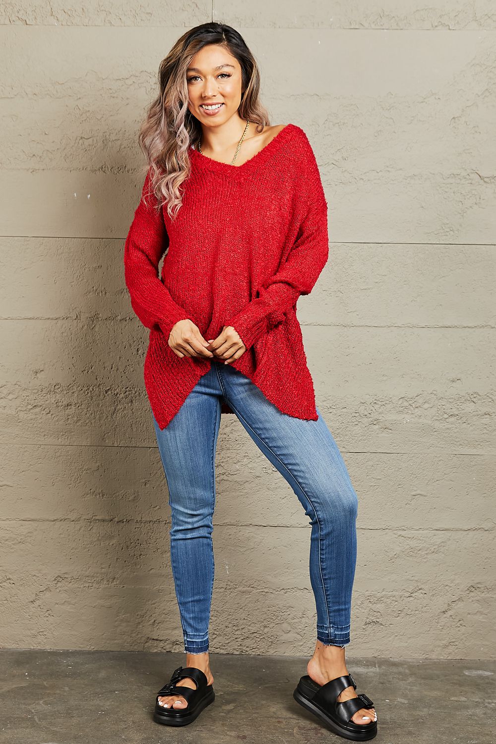 Heimish By The Fire Full Size Draped Detail Knit Sweater - AllIn Computer