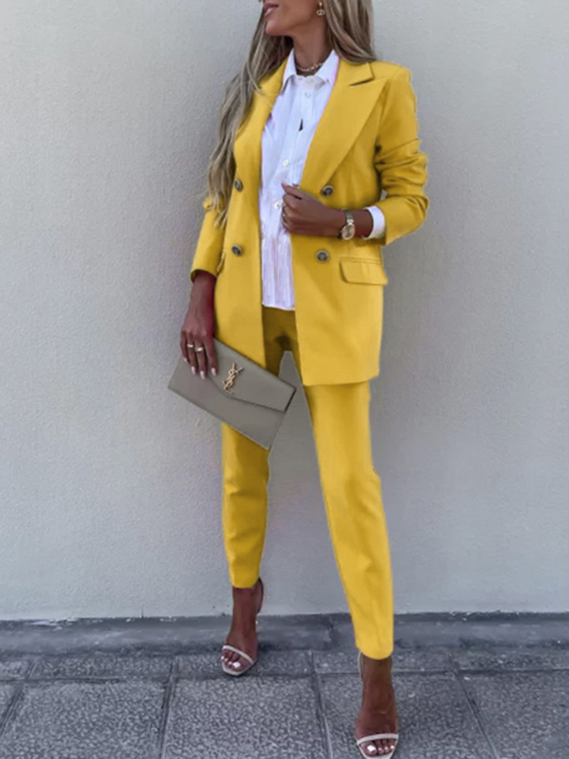 Lapel Collar Long Sleeve Blazer and Pants Set - AllIn Computer