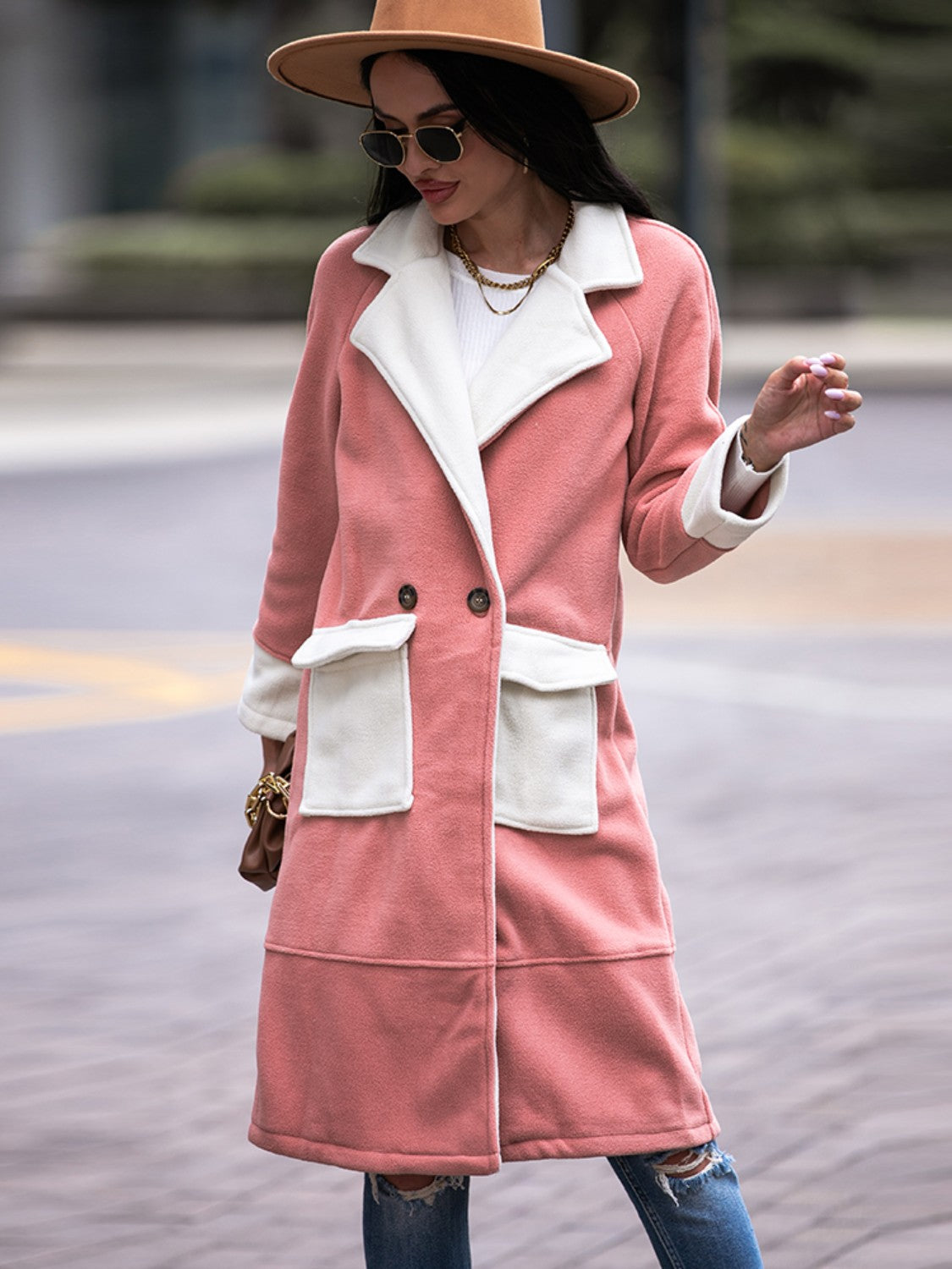 Contrast Lapel Collar Coat with Pockets - AllIn Computer