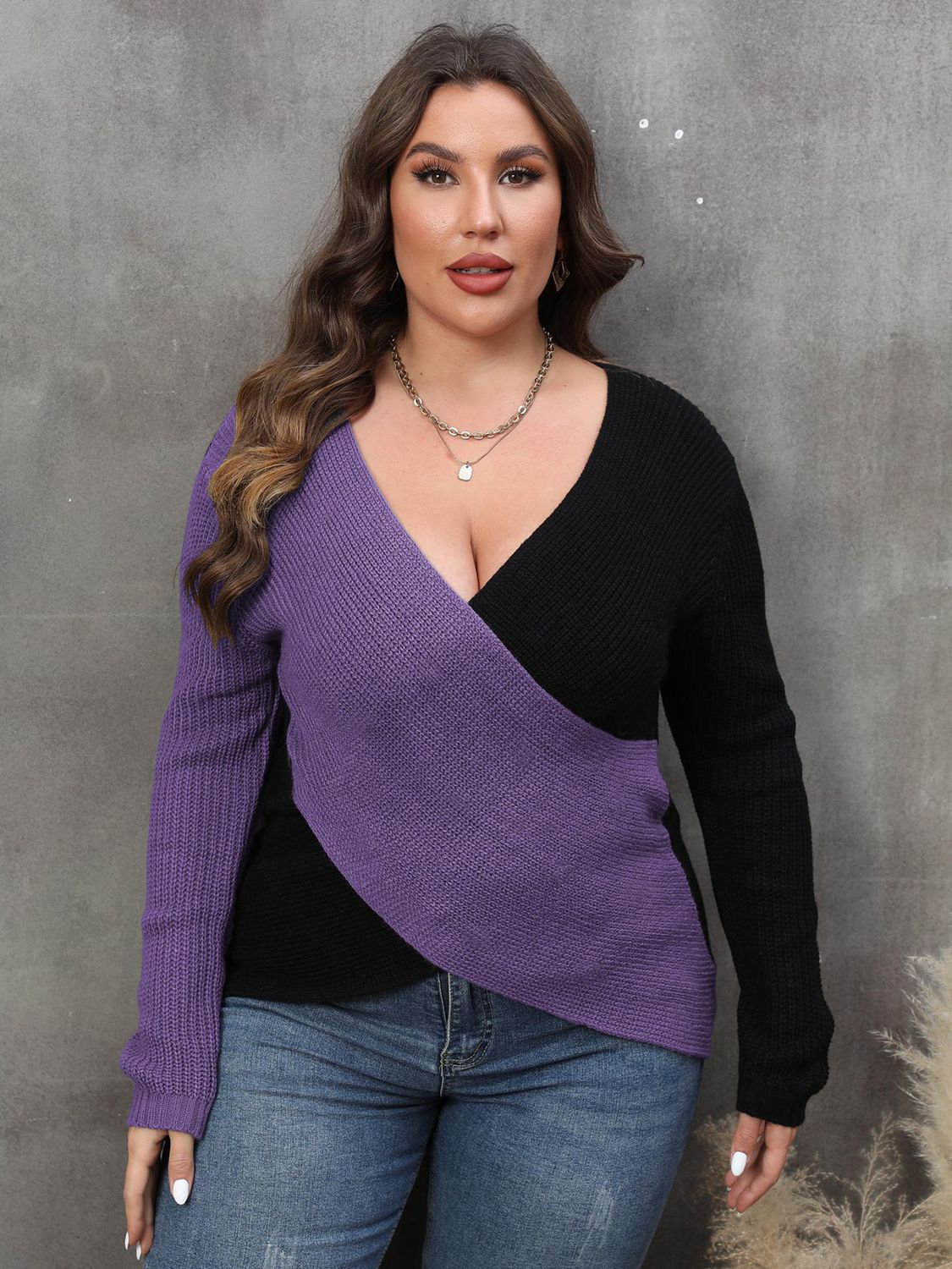 Plus Size Two-Tone Surplice Neck Sweater - AllIn Computer
