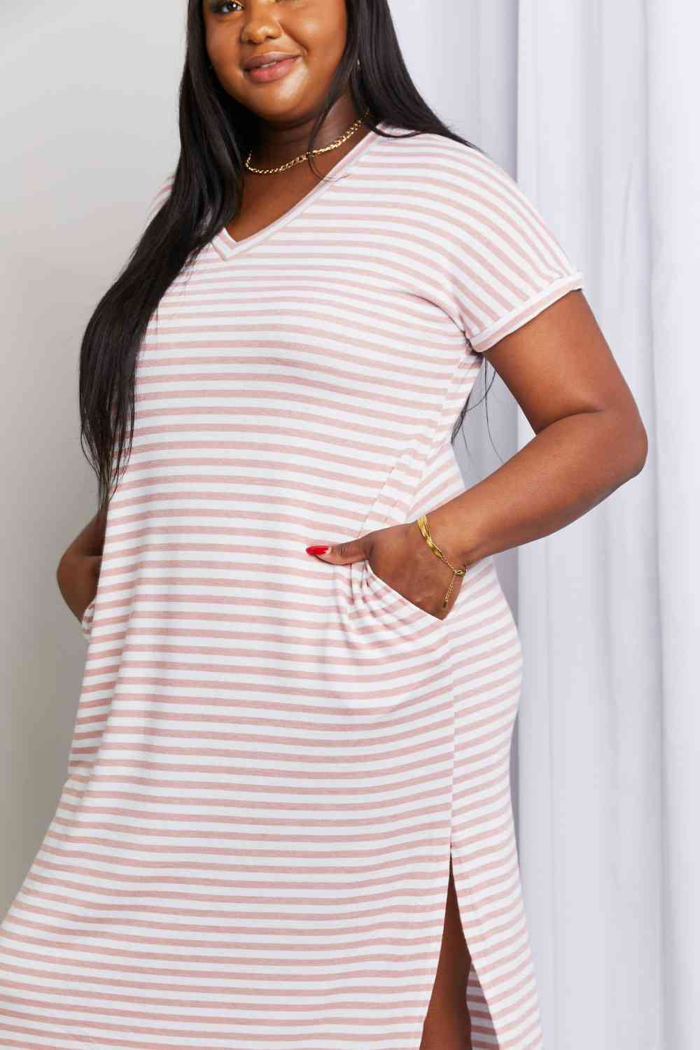 Heimish Full Size Horizontal Stripe Side Slit V-Neck Dress - AllIn Computer
