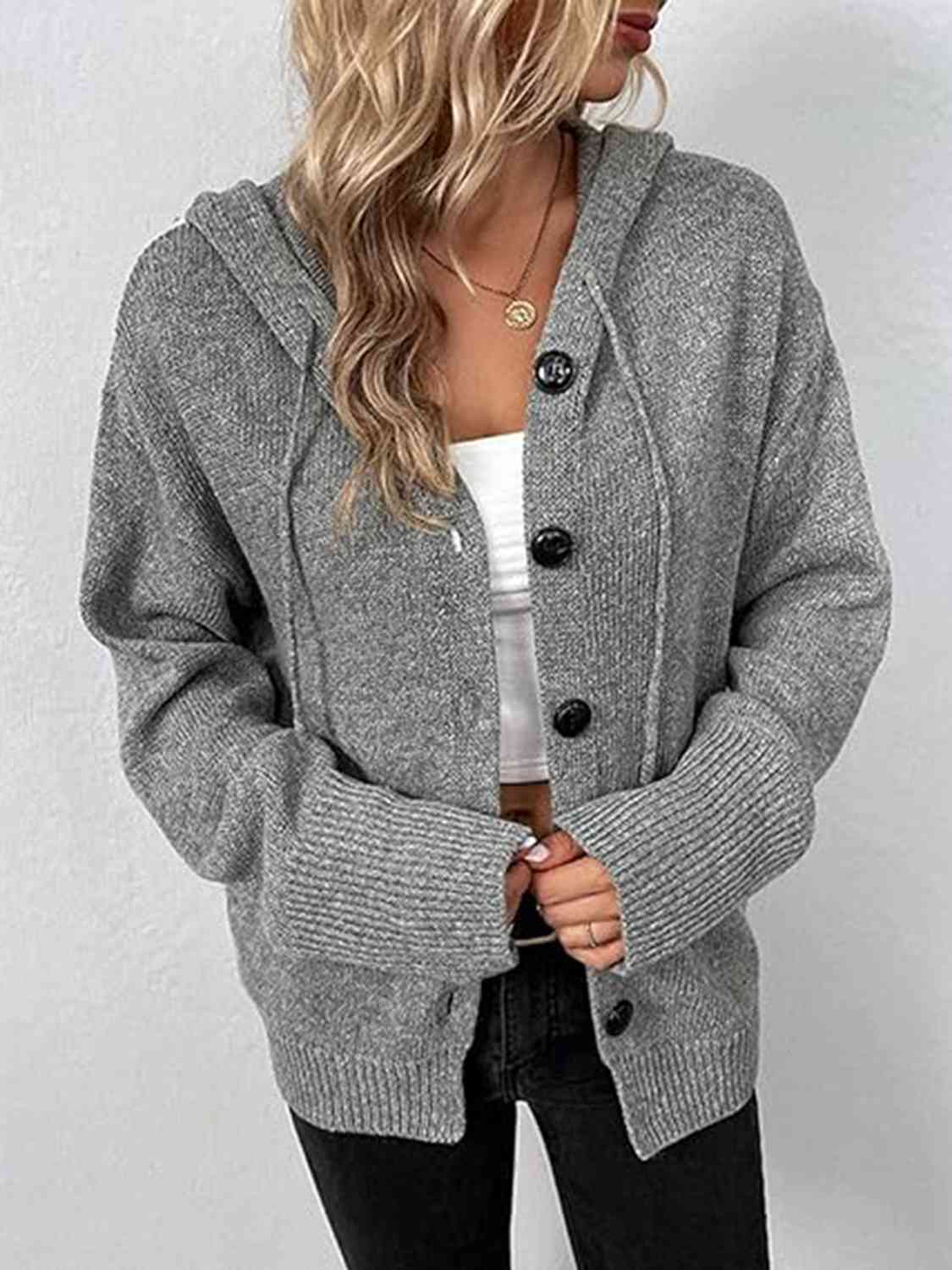Button Up Drawstring Long Sleeve Hooded Cardigan - AllIn Computer