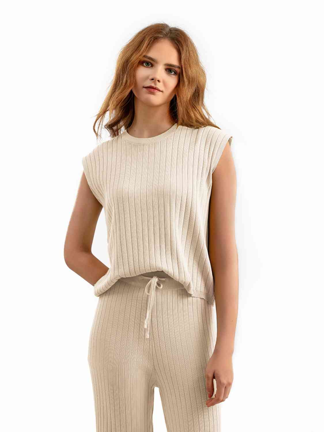 Ribbed Sweater Vest and Drawstring Knit Pants Set - AllIn Computer