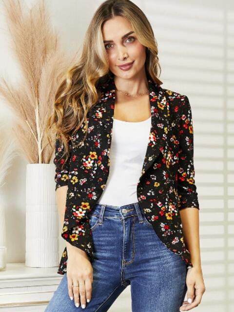 Full Size Floral Print Collared Neck Jacket - AllIn Computer