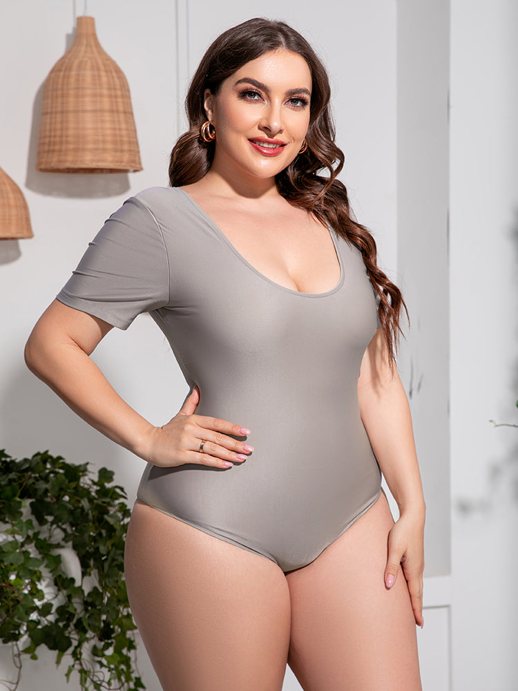Plus Size Scoop Neck Short Sleeve One-Piece Swimsuit - AllIn Computer