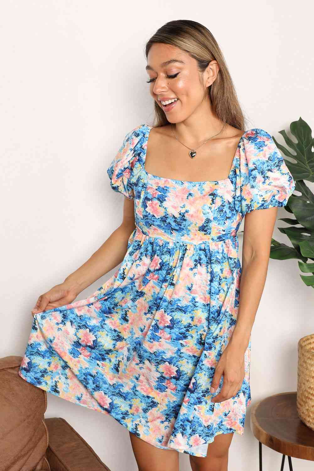 Double Take Floral Square Neck Puff Sleeve Dress - AllIn Computer