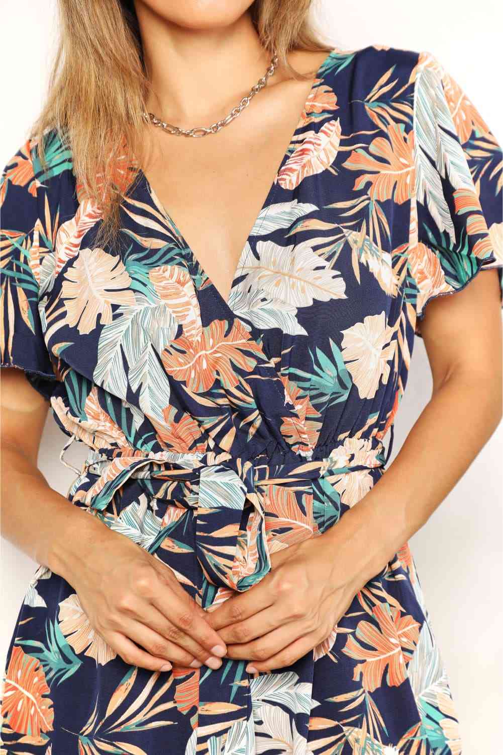 Double Take Botanical Print Surplice Neck Tie Waist Romper - AllIn Computer
