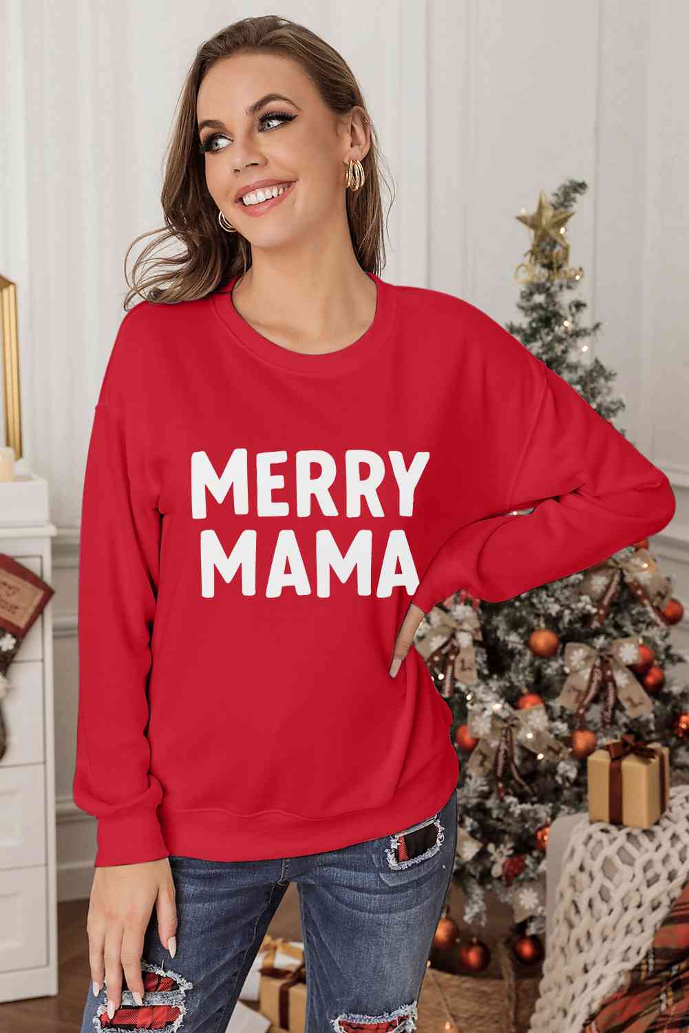 MERRY MAMA Graphic Round Neck Sweatshirt - AllIn Computer