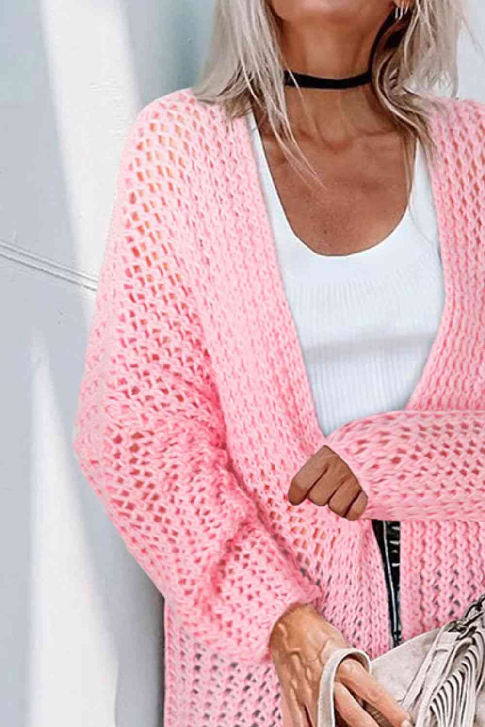 Open Front Long Sleeve Openwork Cardigan - AllIn Computer