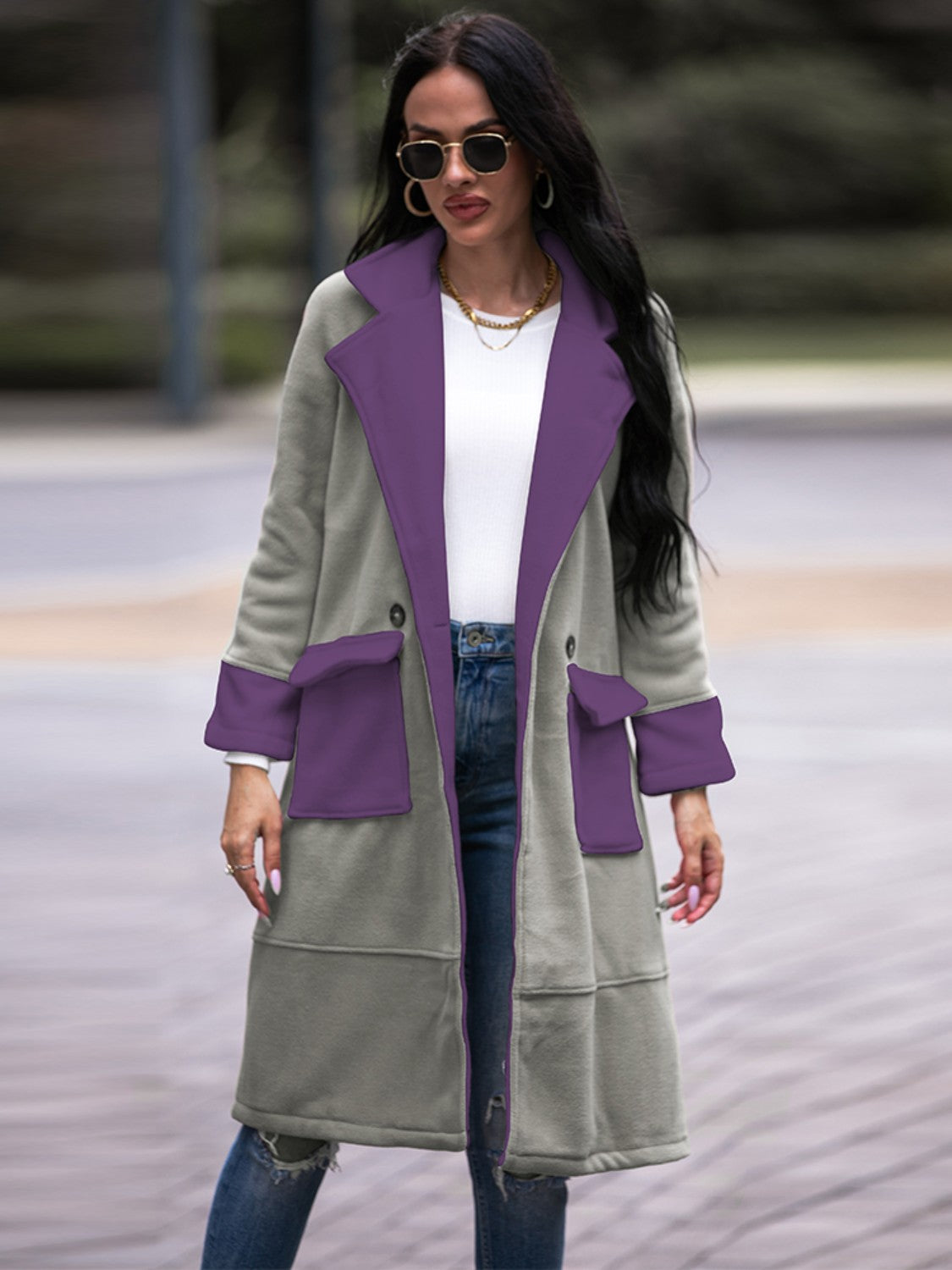 Contrast Lapel Collar Coat with Pockets - AllIn Computer