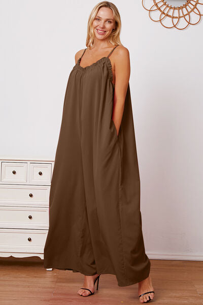 Full Size Ruffle Trim Tie Back Cami Jumpsuit with Pockets - AllIn Computer