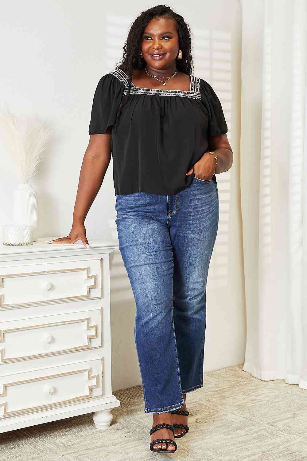 Double Take Contrast Square Neck Puff Sleeve Blouse - AllIn Computer