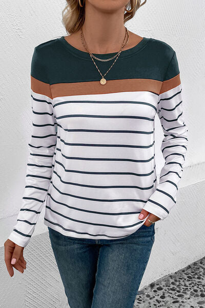 Striped Round Neck Long Sleeve T-Shirt - AllIn Computer