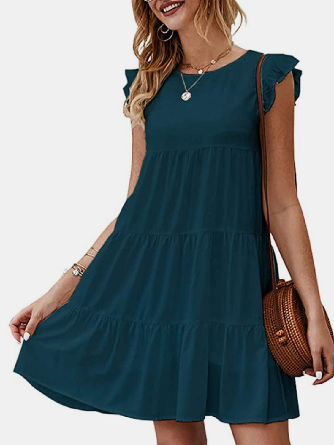 Ruffled Round Neck Cap Sleeve Mini Dress - AllIn Computer