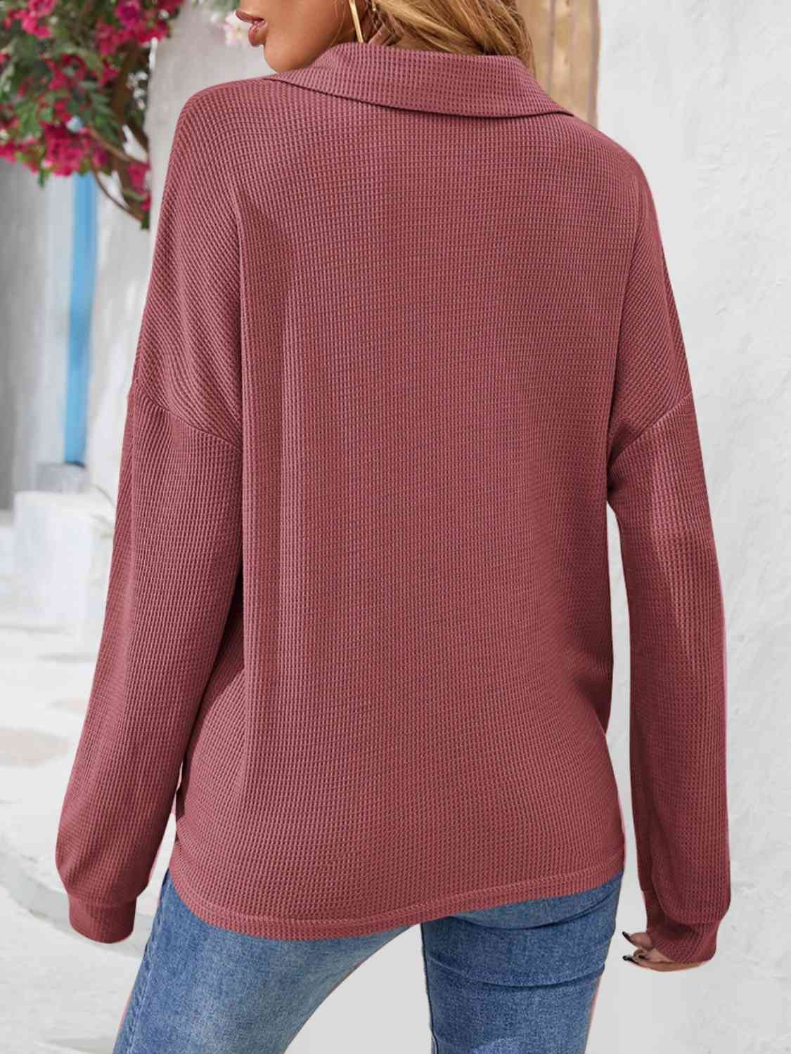Half Button Collared Neck Long Sleeve Top - AllIn Computer