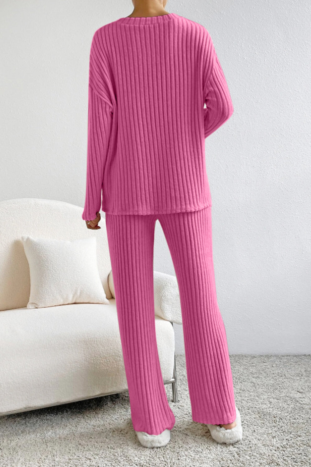 Ribbed V-Neck Top and Pants Set - AllIn Computer