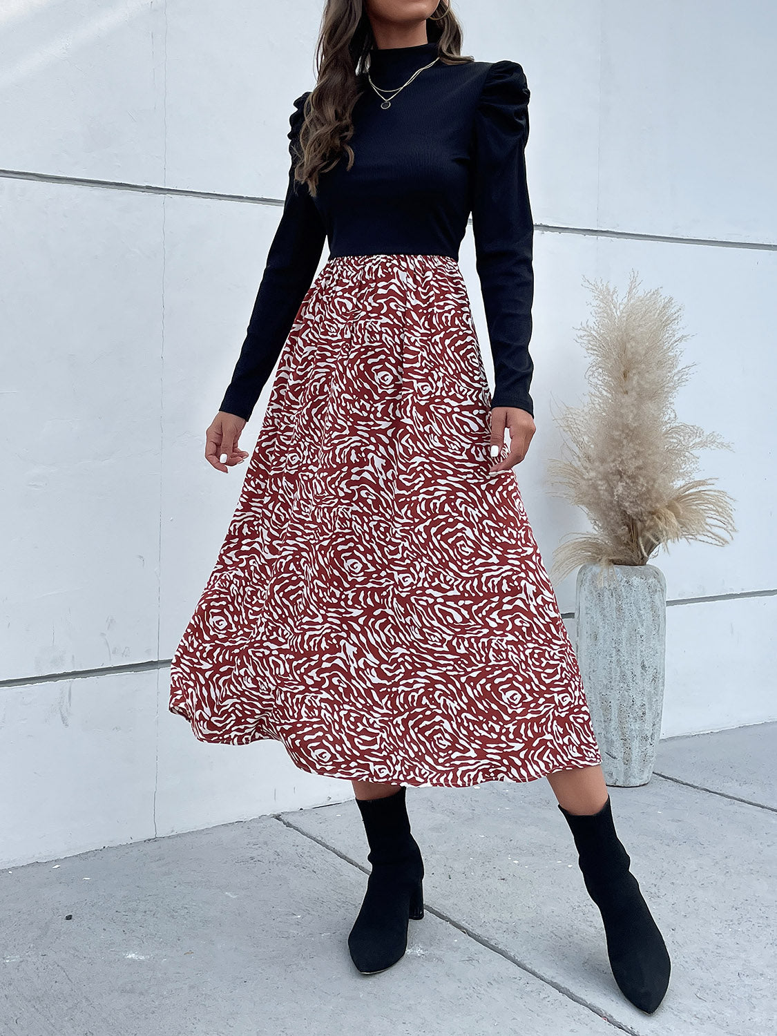 Printed Mock Neck Puff Sleeve Midi Dress - AllIn Computer