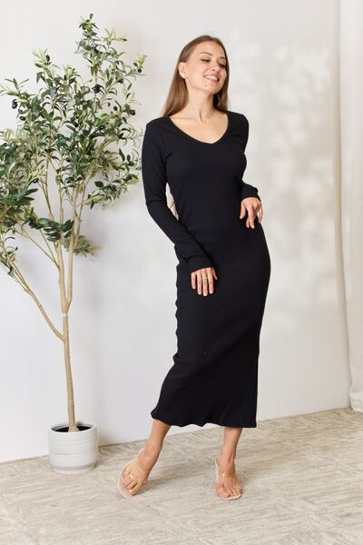 Culture Code Full Size Ribbed Long Sleeve Midi Slit Dress - AllIn Computer