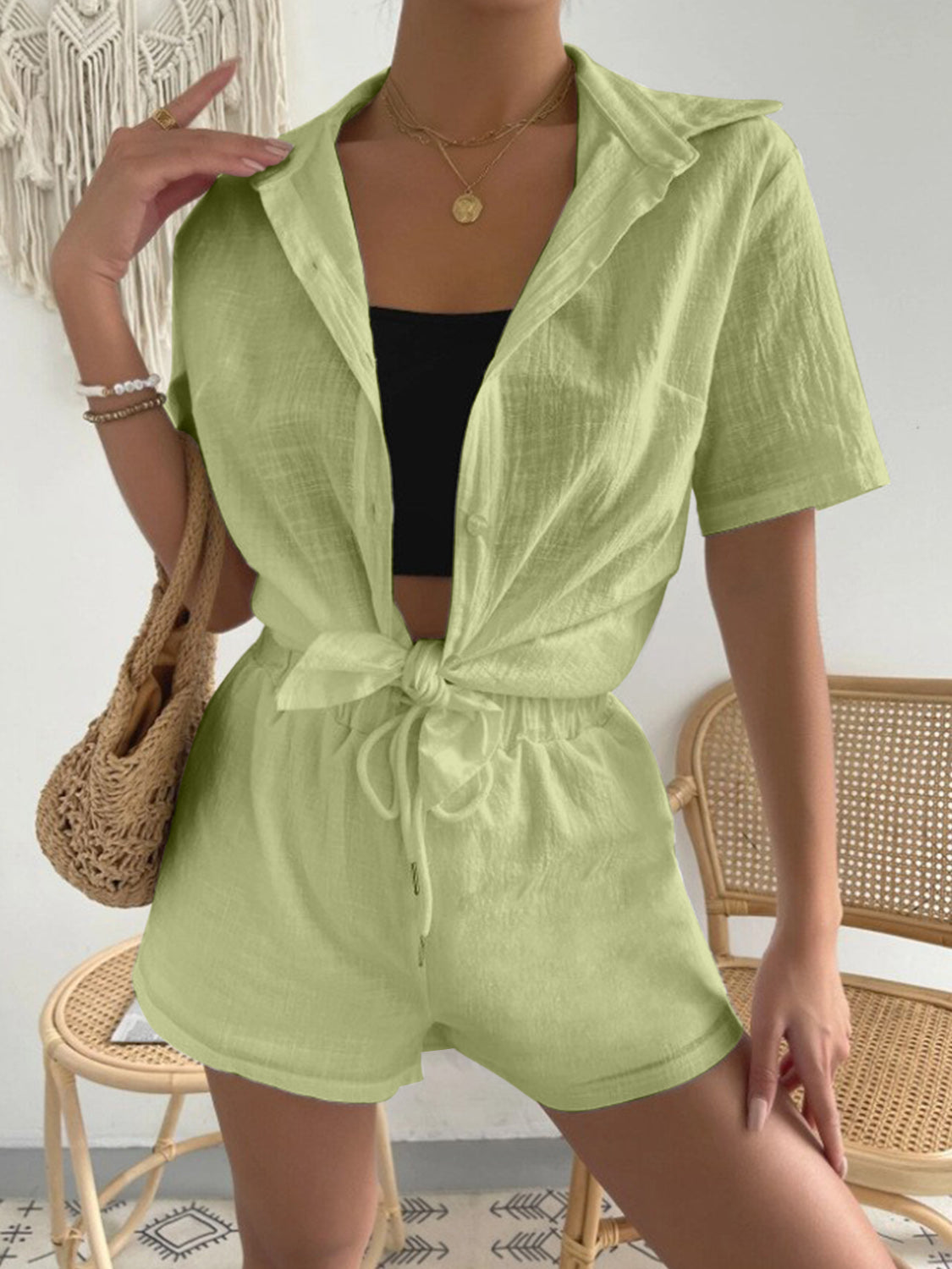 Button Up Short Sleeve Shirt and Drawstring Shorts Set - AllIn Computer