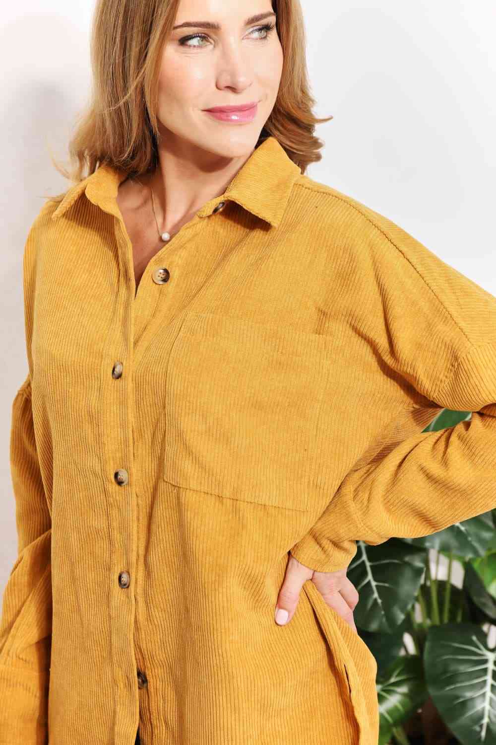 HEYSON Full Size Oversized Corduroy  Button-Down Tunic Shirt with Bust Pocket - AllIn Computer