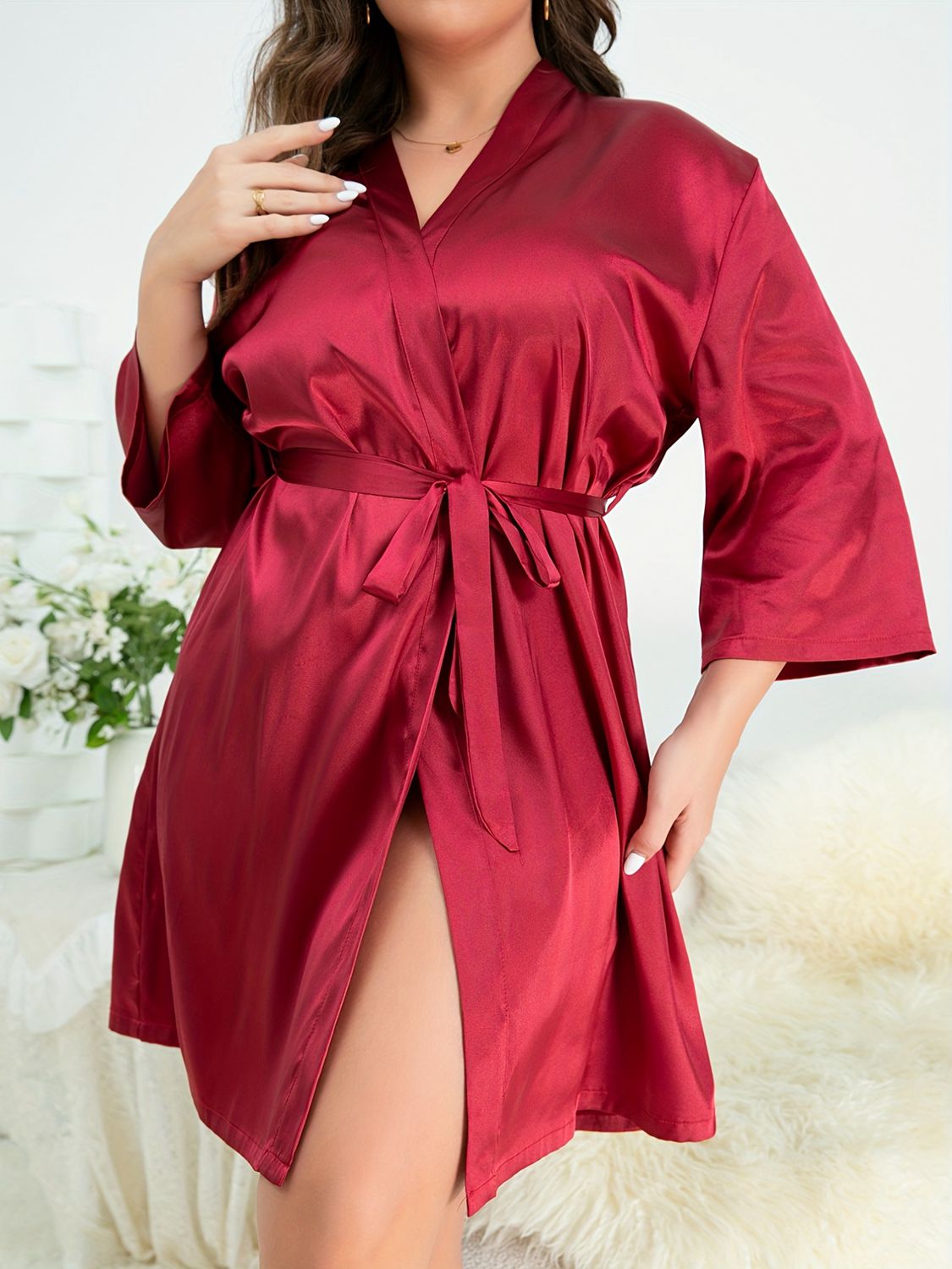 Plus Size Surplice Neck Tie Waist Robe - AllIn Computer